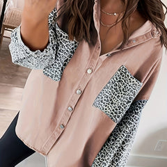 Colorblock Leopard Print Long Sleeve Blouse