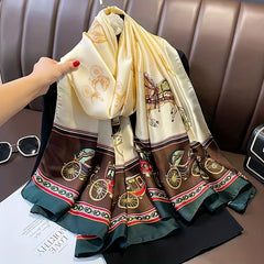 Retro Carriage Print Scarf Block Silk Shawl Head Wrap Women Sunscreen