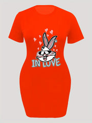 Casual Dress Women's Plus Cartoon Rabbit & Letter Print Dress