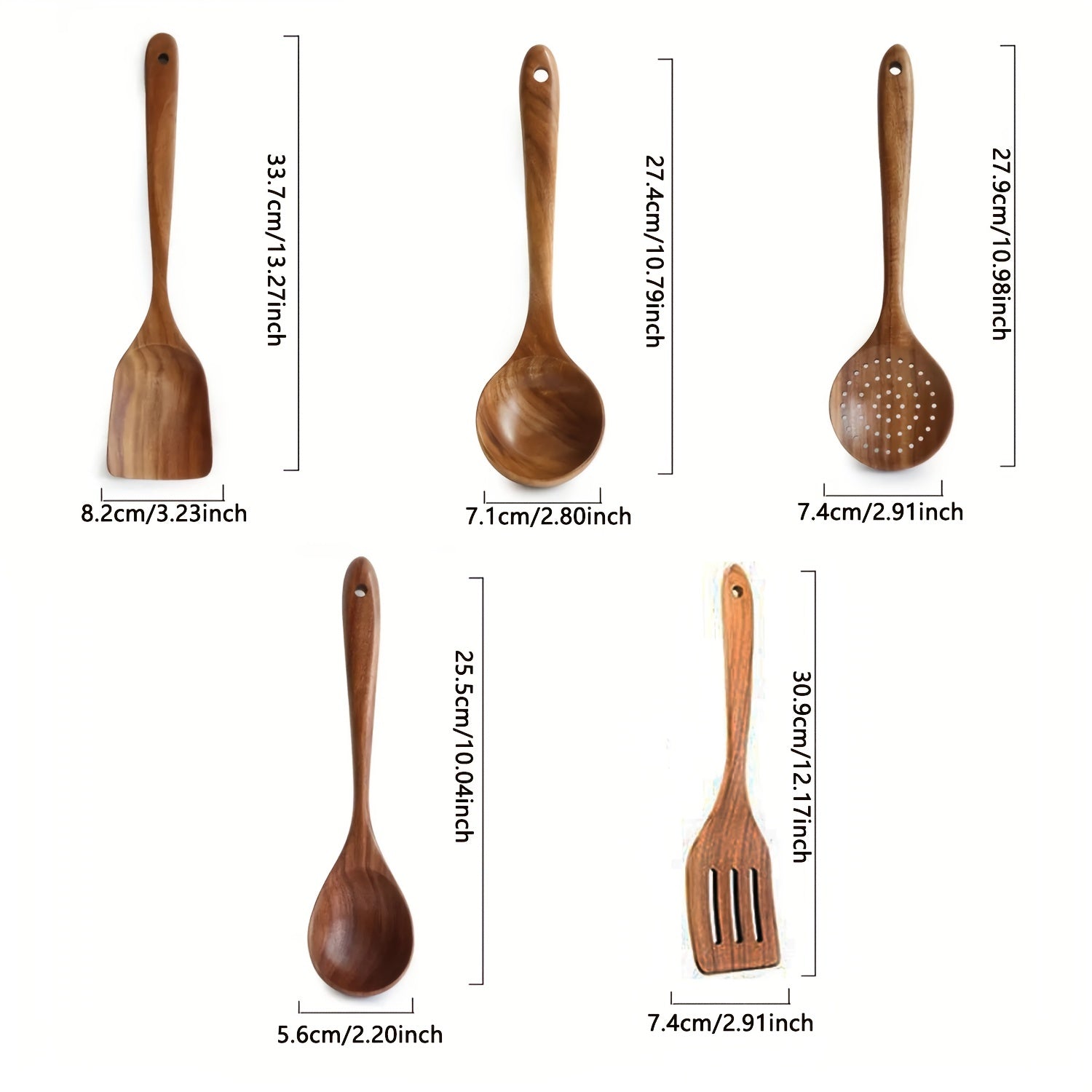 5pcs Teak Wooden Kitchen Utensil Set Skimmer Spoon Wood Turner Cutlery