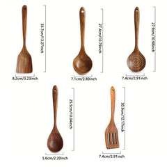 5pcs Teak Wooden Kitchen Utensil Set Skimmer Spoon Wood Turner Cutlery