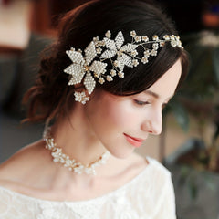 Bridal Headband Rhinestone Faux Pearl Beaded Headband Floral Head Accessories