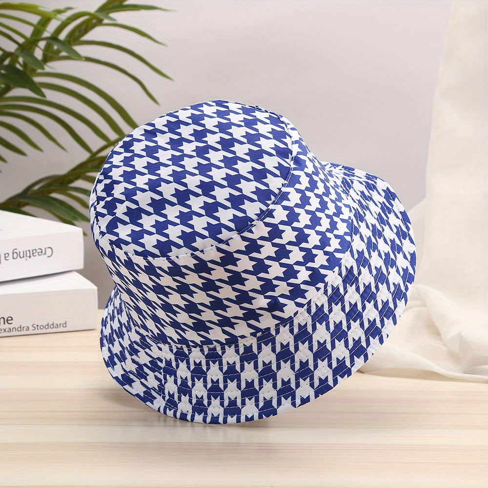 Houndstooth Print Reversible Bucket Hat Lightweight Fisherman Cap