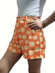 Daisy Print High Waist Shorts Casual Women's Clothing