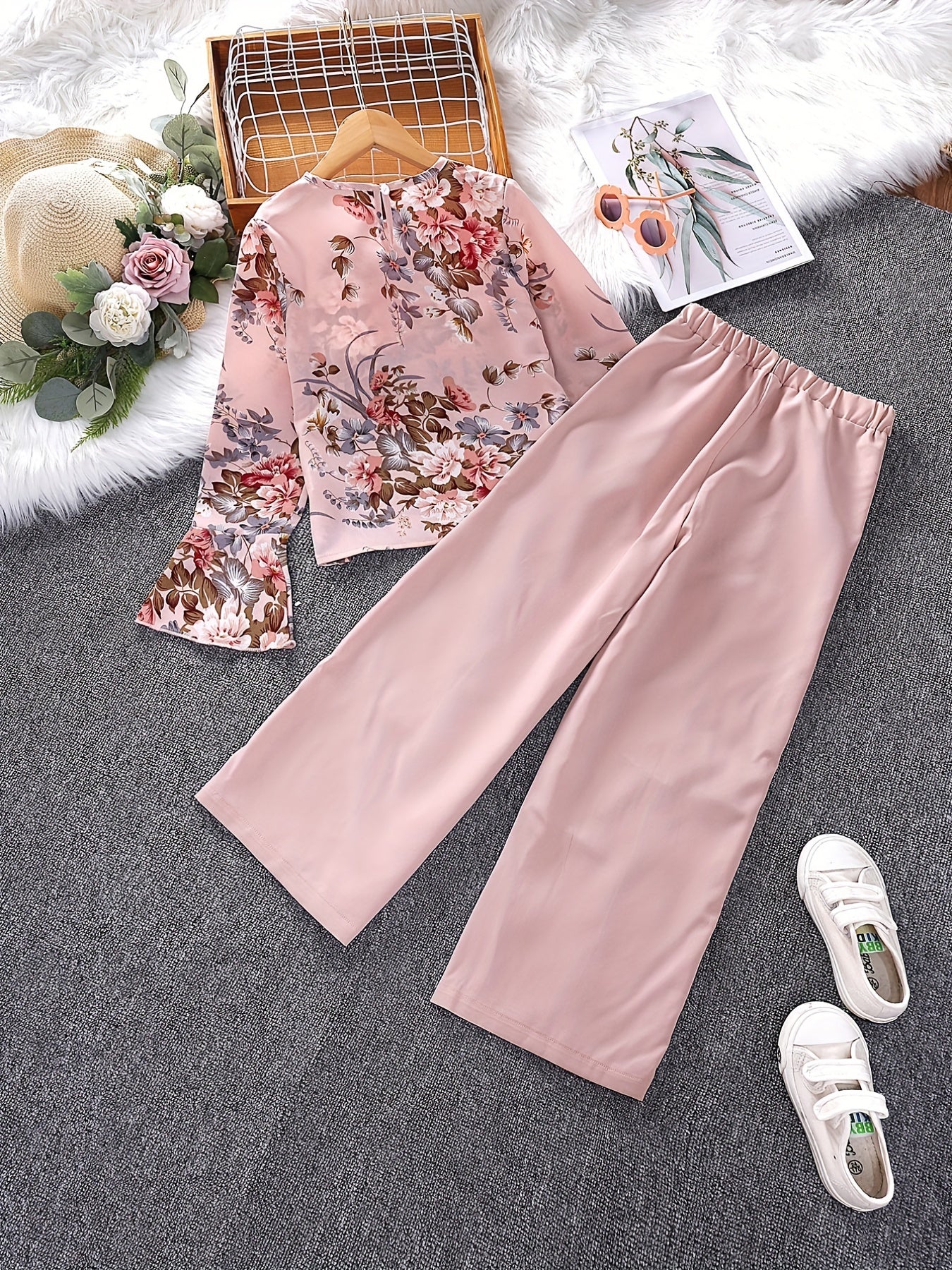 Girls 2pcs Long Sleeve Top & Pants Floral Print Kids Clothes