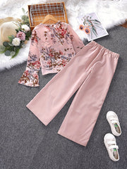Girls 2pcs Long Sleeve Top & Pants Floral Print Kids Clothes