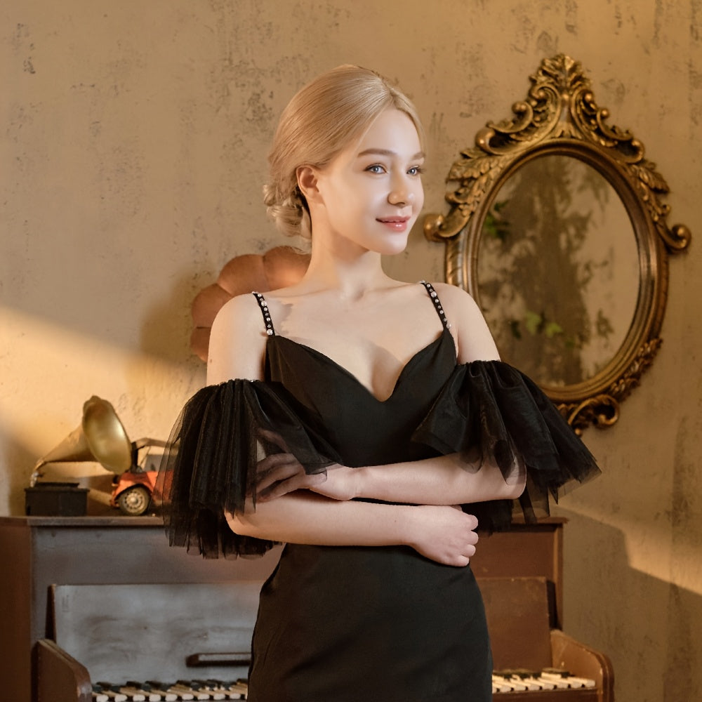 Romantic Bridal Bridesmaid Dress with Puffy Sleeve Ruffles