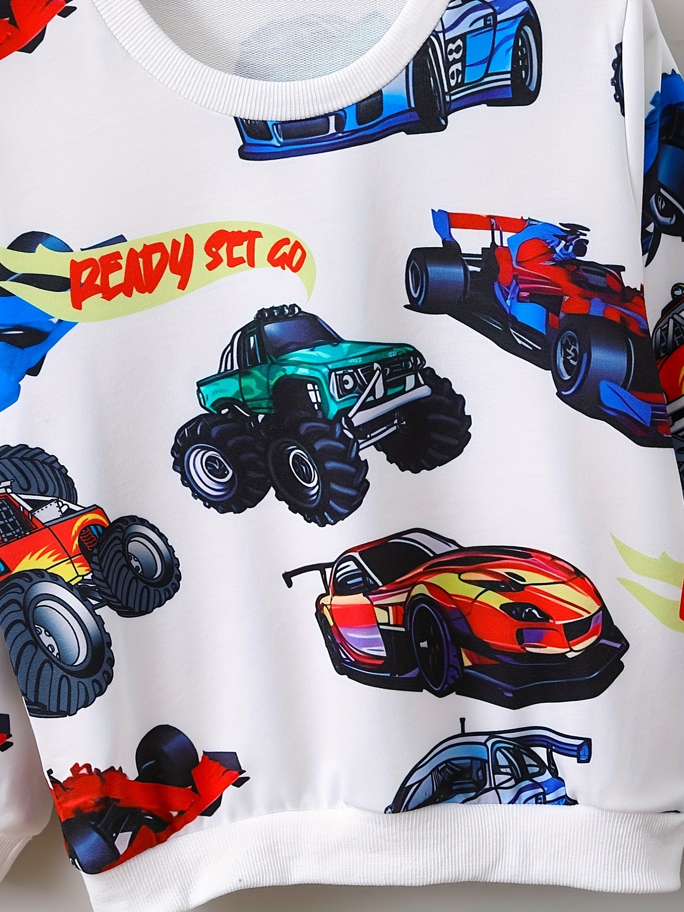 Boys Cartoon Car Print Sweatshirt Long Sleeve Crew Neck Top
