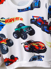 Boys Cartoon Car Print Sweatshirt Long Sleeve Crew Neck Top