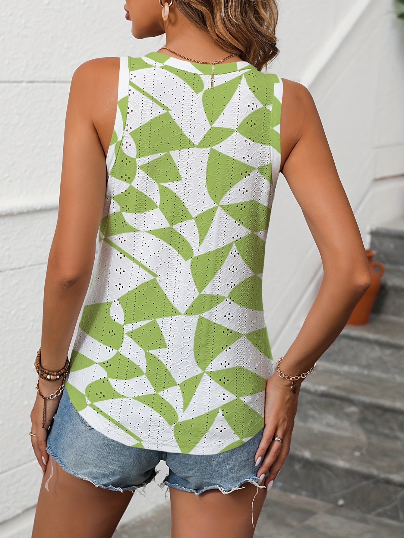 Geo Print Eyelet Tank Top V Neck Summer Sleeveless Casual Tank Top