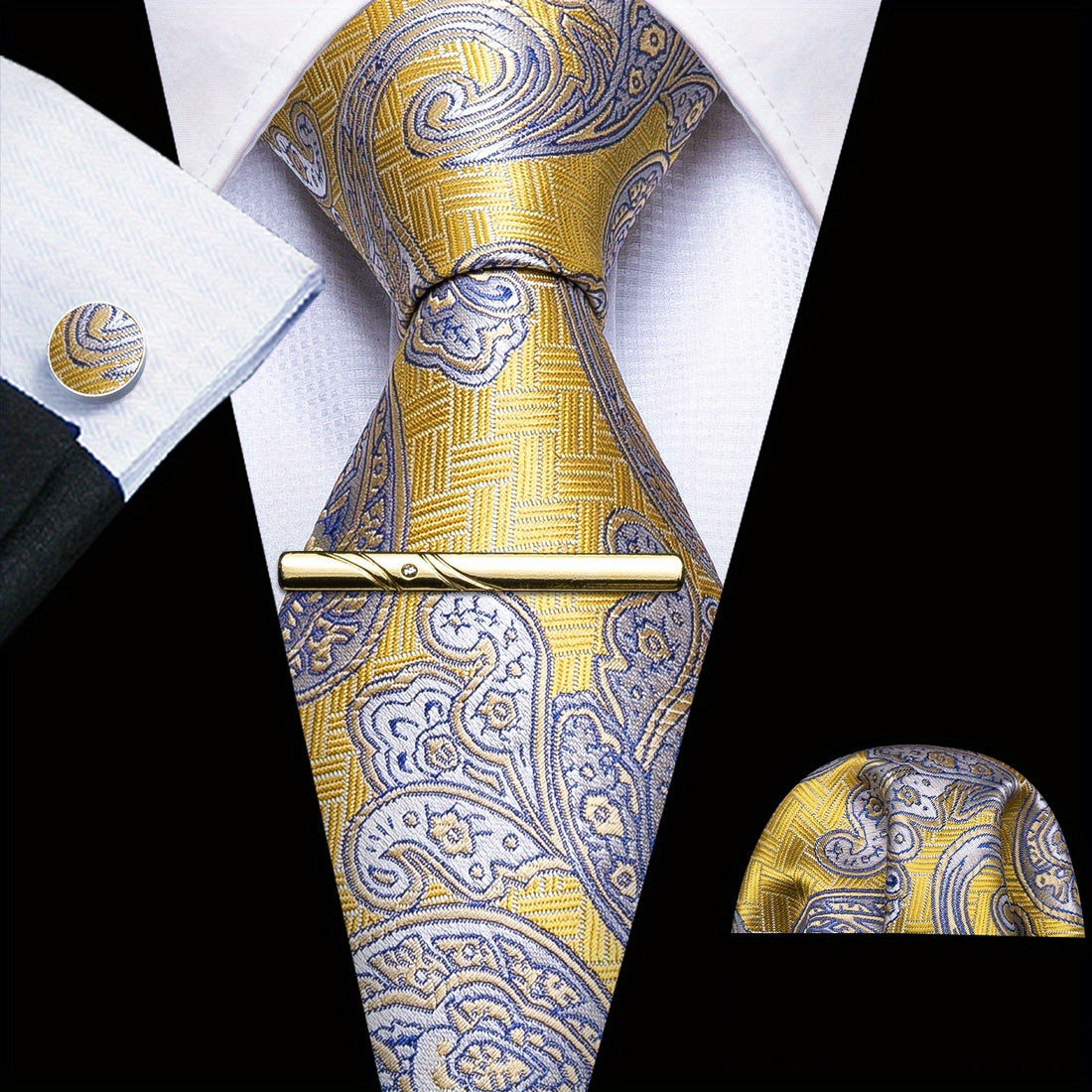 Black&Gold Silk Floral Paisley Necktie Set