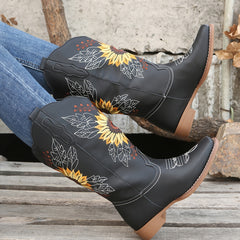 Women's Embroidered Mid Calf Western Boots Faux Leather Boots