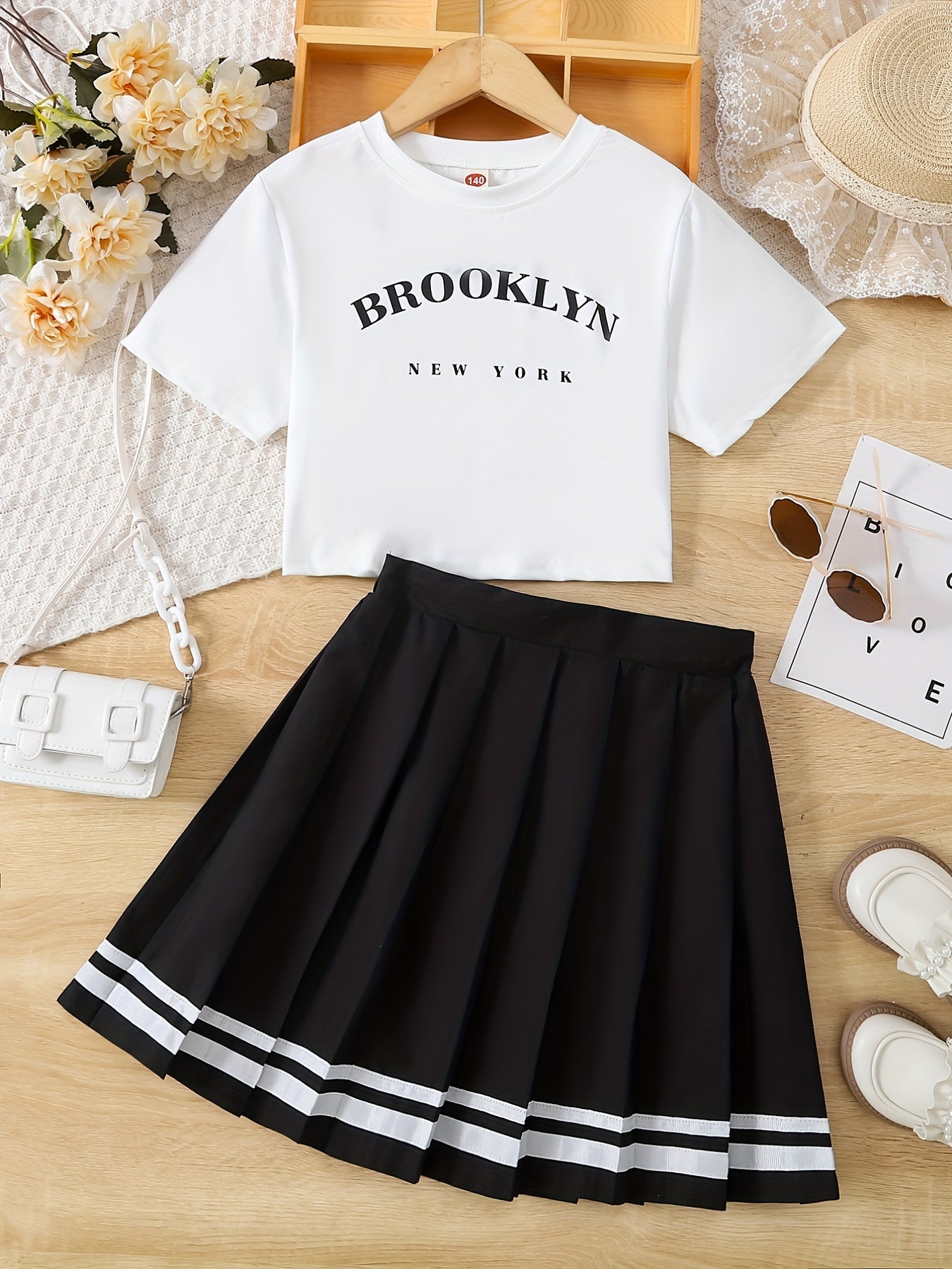 2pcs Girls Number Print T Shirt Crop Top & Skirt Set Kids Clothes