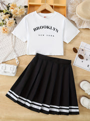 2pcs Girls Number Print T Shirt Crop Top & Skirt Set Kids Clothes