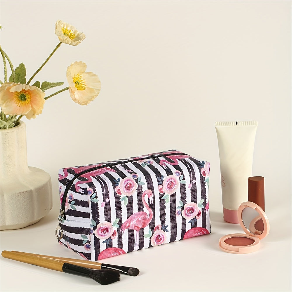 Flamingo Floral Stripes Pattern Makeup Bag Portable Travel Organizer