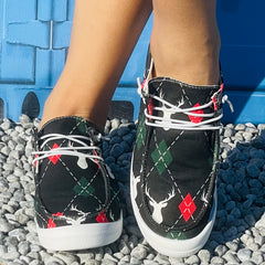 Christmas Deer Pattern Sneakers - Women's Flat Casual Shoe