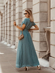Polka Dot Split Ankle Dress V Neck Short Sleeve Casual Dress