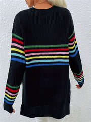 Rainbow Stripe Pullover Sweater V Neck for Women