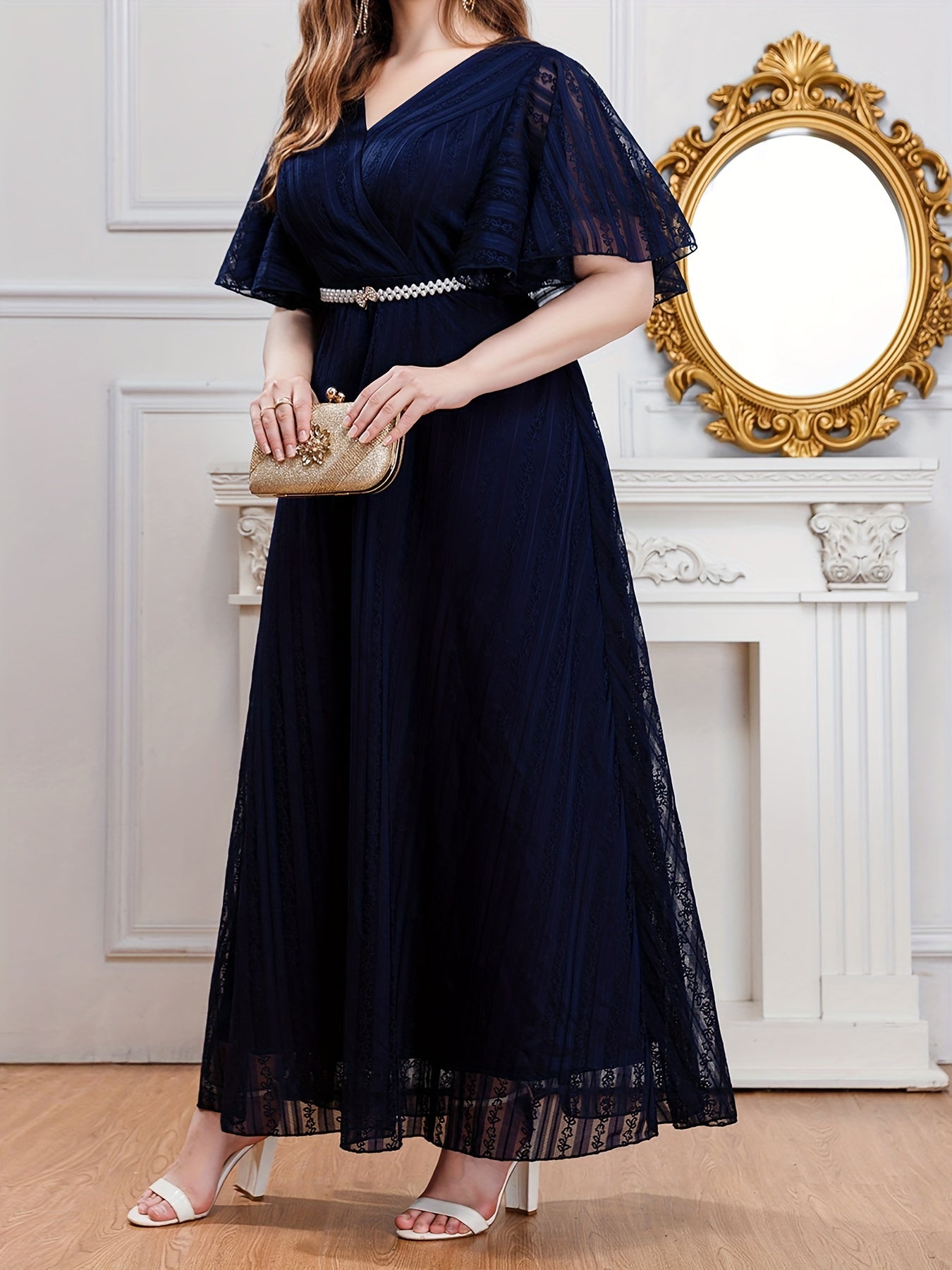 Solid V Neck Maxi Party Dress With Belt
