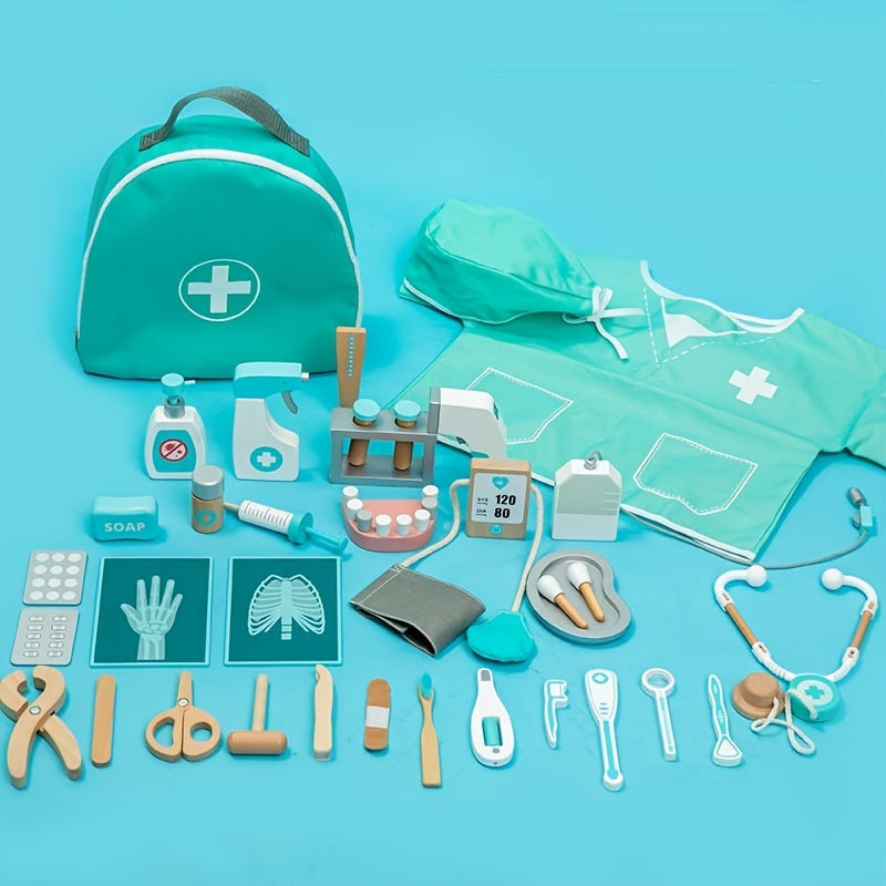 36 PCS Wooden Doctor Playset For Toddlers Pretend Toy Dentist Kit