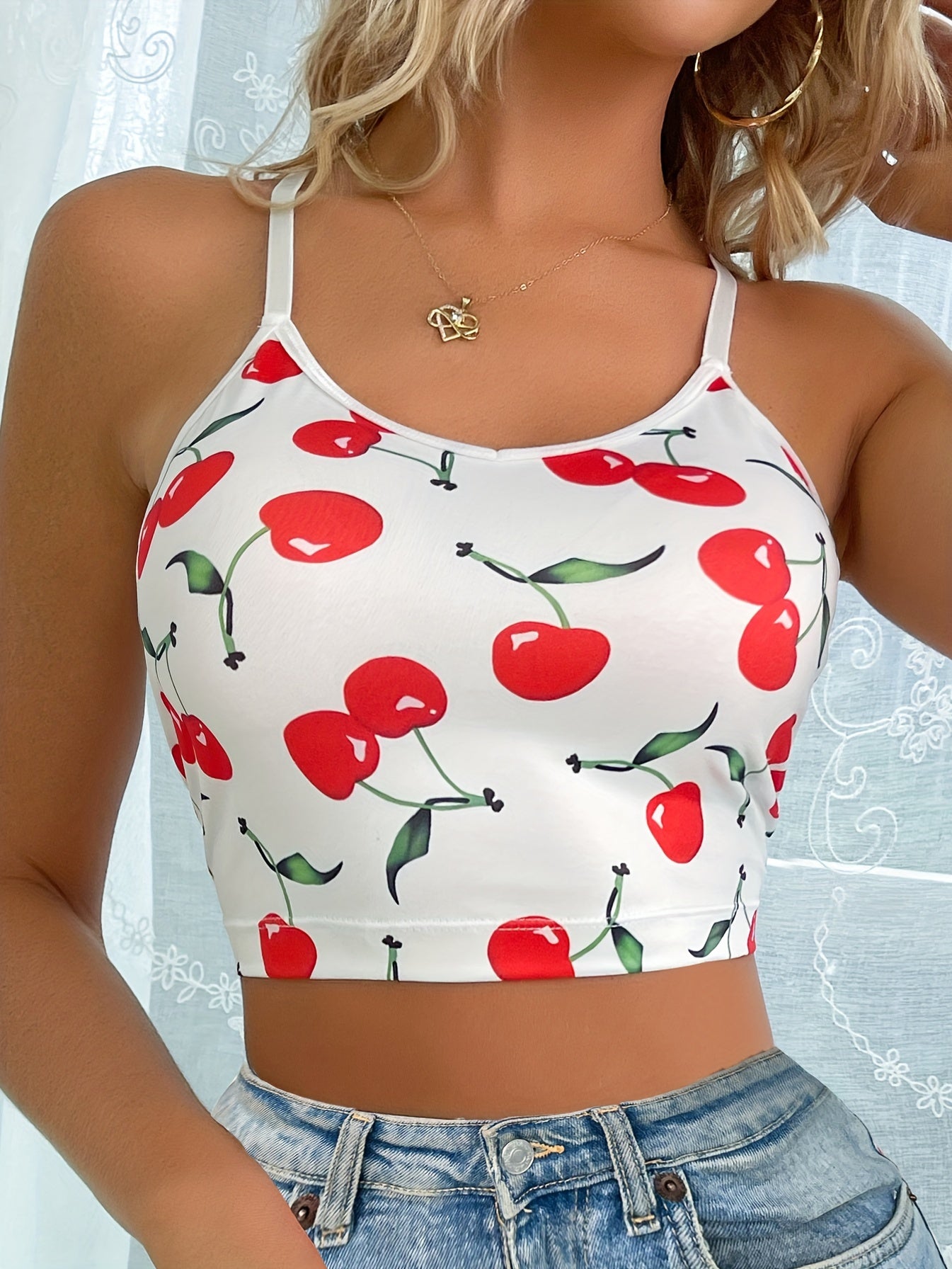 Cherry Cami Crop Top Mesh Butterfly Embroidery Top Women's Lingerie