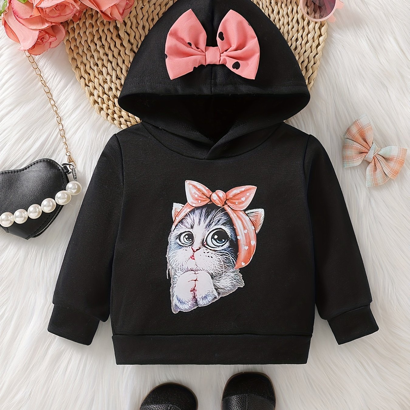 Baby Girls Kitty 3D Print Bow Hooded Sweatshirt Kids Stylish Hoodie