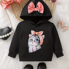 Baby Girls Kitty 3D Print Bow Hooded Sweatshirt Kids Stylish Hoodie