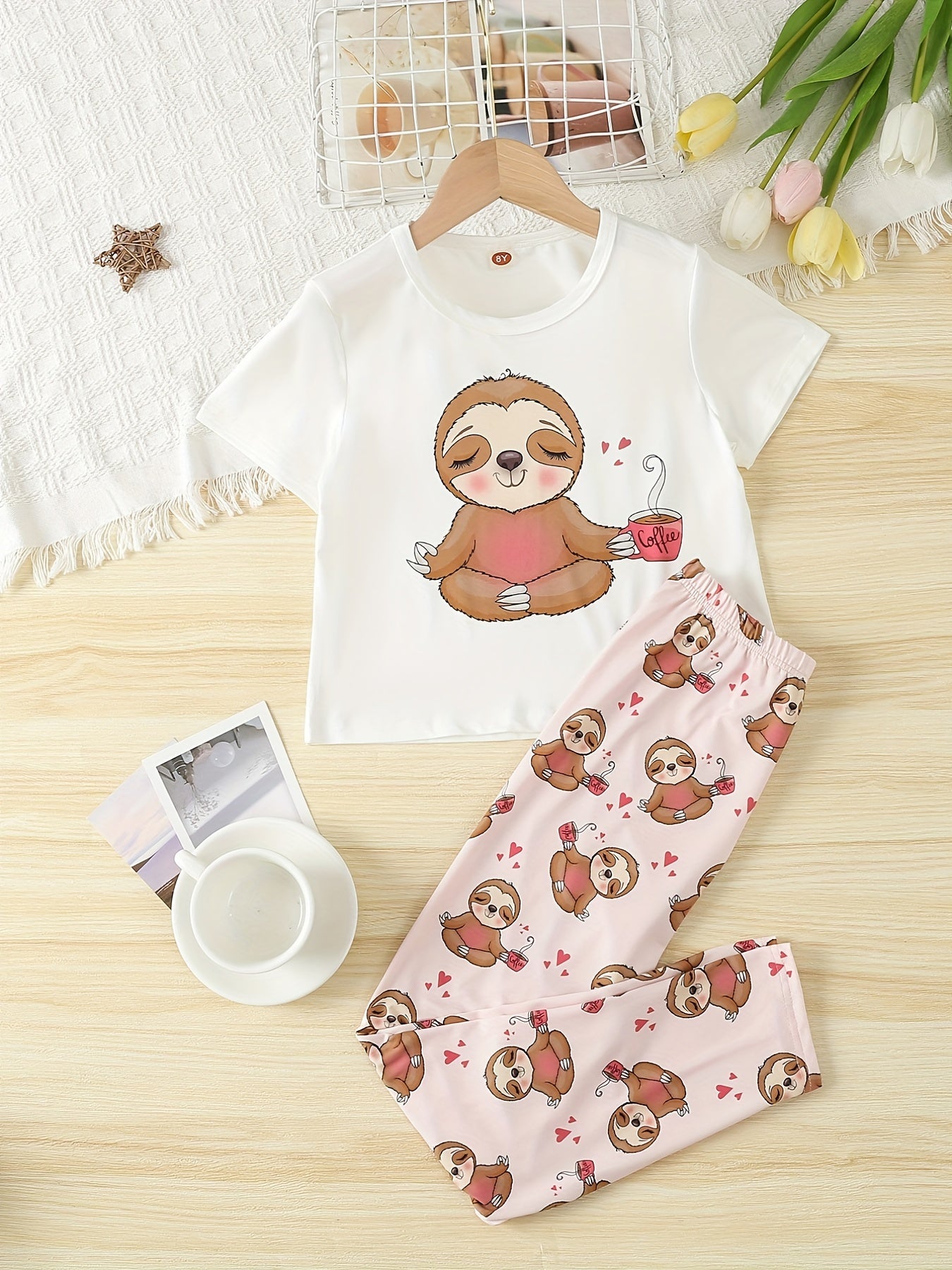 Girls Sloth Graphic T-shirt & Pants Set, Summer Holiday Kids Clothes