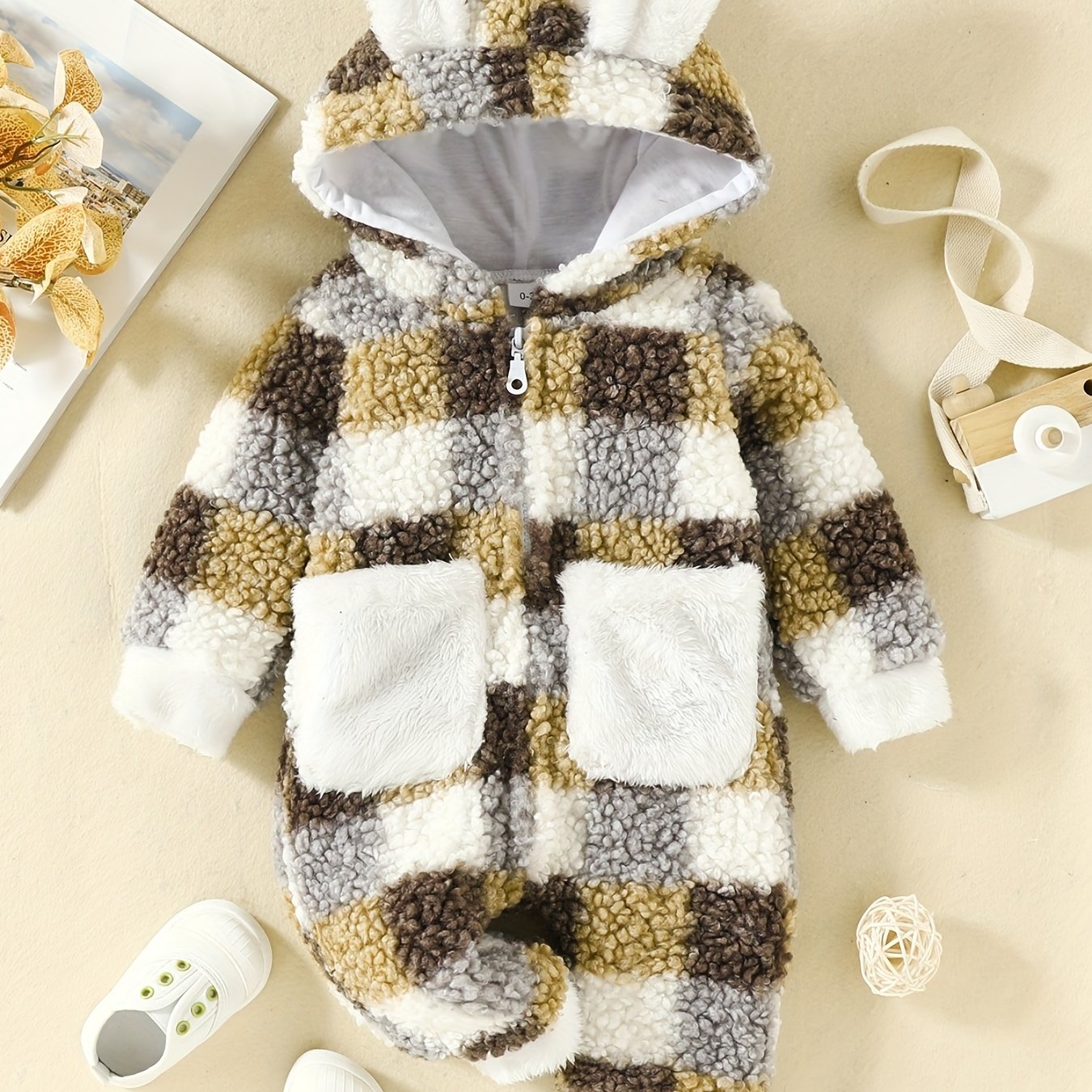 Rabbit Ears Plush Plaid Pocket Jumpsuit Baby Boys Girls Fleece Coat