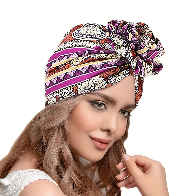 Boho Flower Decor Turban Cap Printed Bonnet Head Wrap Scarf Beanie