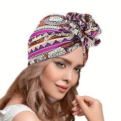 Boho Flower Decor Turban Cap Printed Bonnet Head Wrap Scarf Beanie