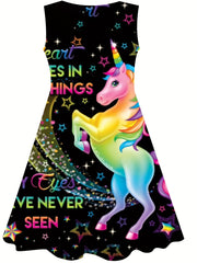 Colorful Unicorn Print Dress Girls Sleeveless Summer Party Gift