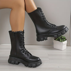 Women's Minimalist Flatform Booties Lace Up Round Toe Shoes