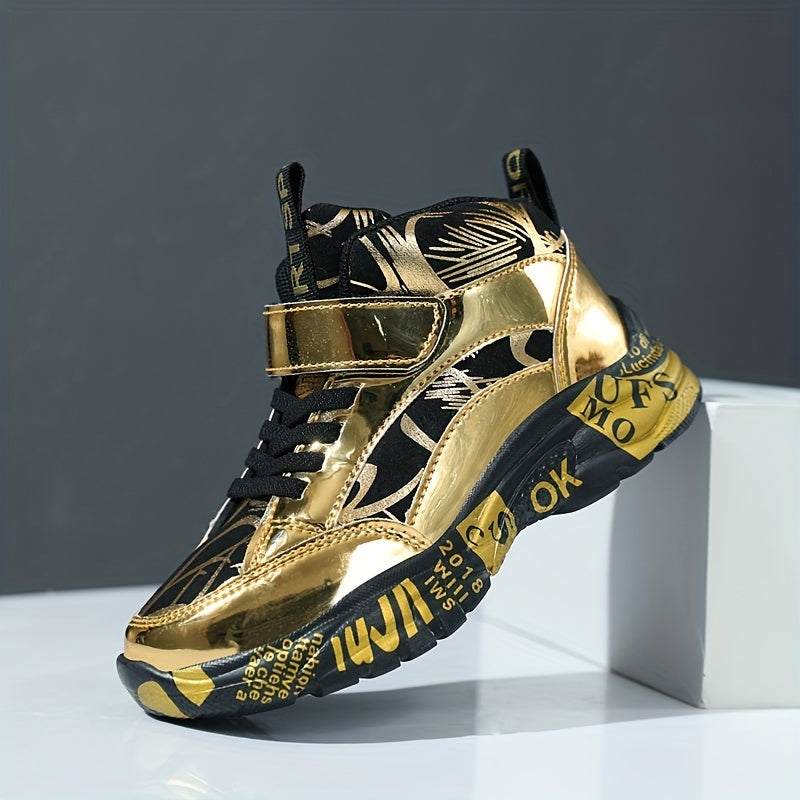 Boys Golden Sneakers With Irregular Pattern Anti Slip Hook And Loop Fastener