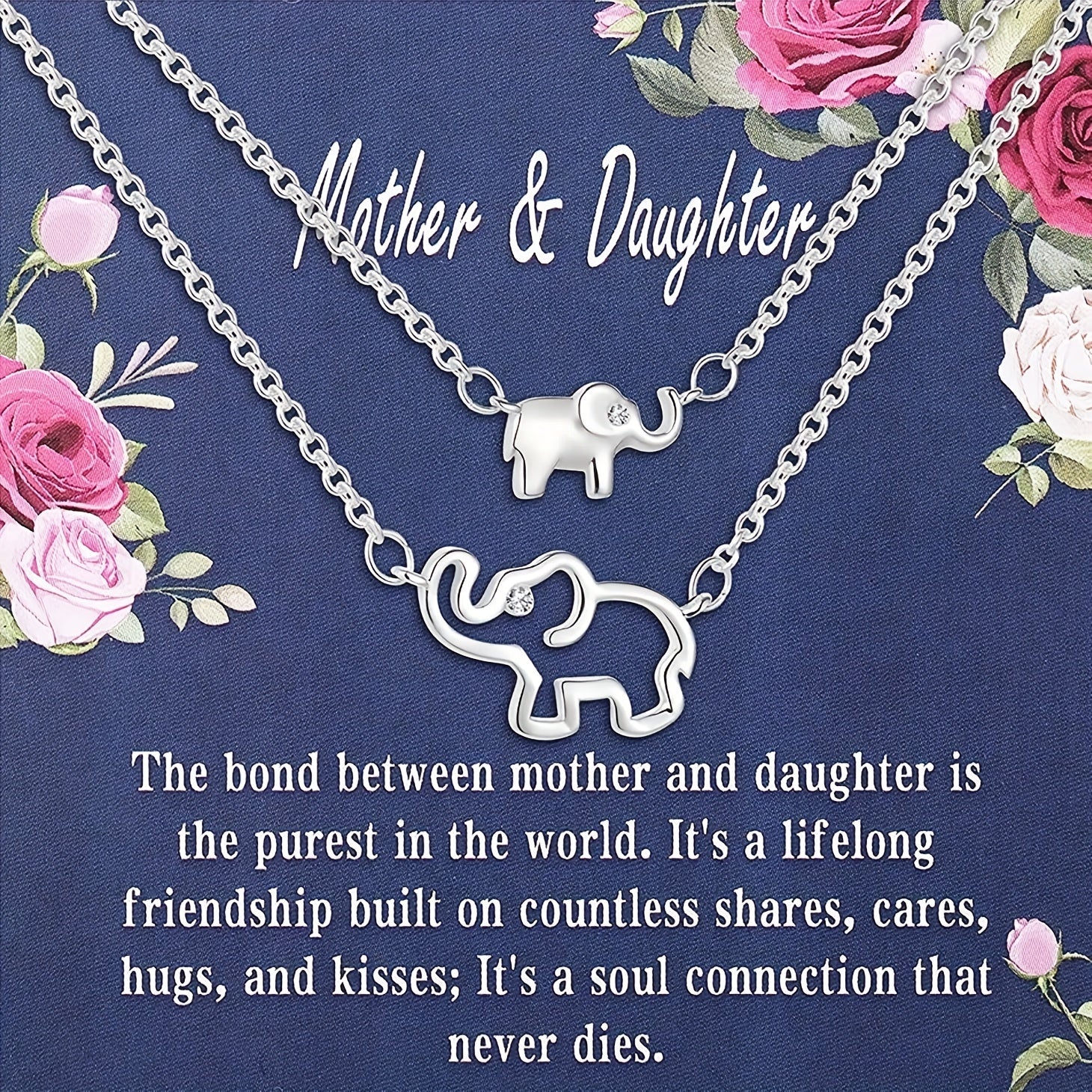 2pcs Silver Elephant Pendant Necklace, Gift For Mom And Daughter