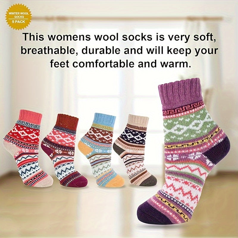Winter Knit Warm Crew Socks, 5 Pairs, Mountaineering & Skiing