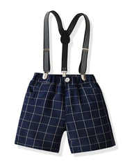 Boys Plaid Suspender Shorts Preppy Style