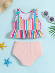 Girls Striped Sleeveless Bikini Tankini Swimsuit Set with Bowtie