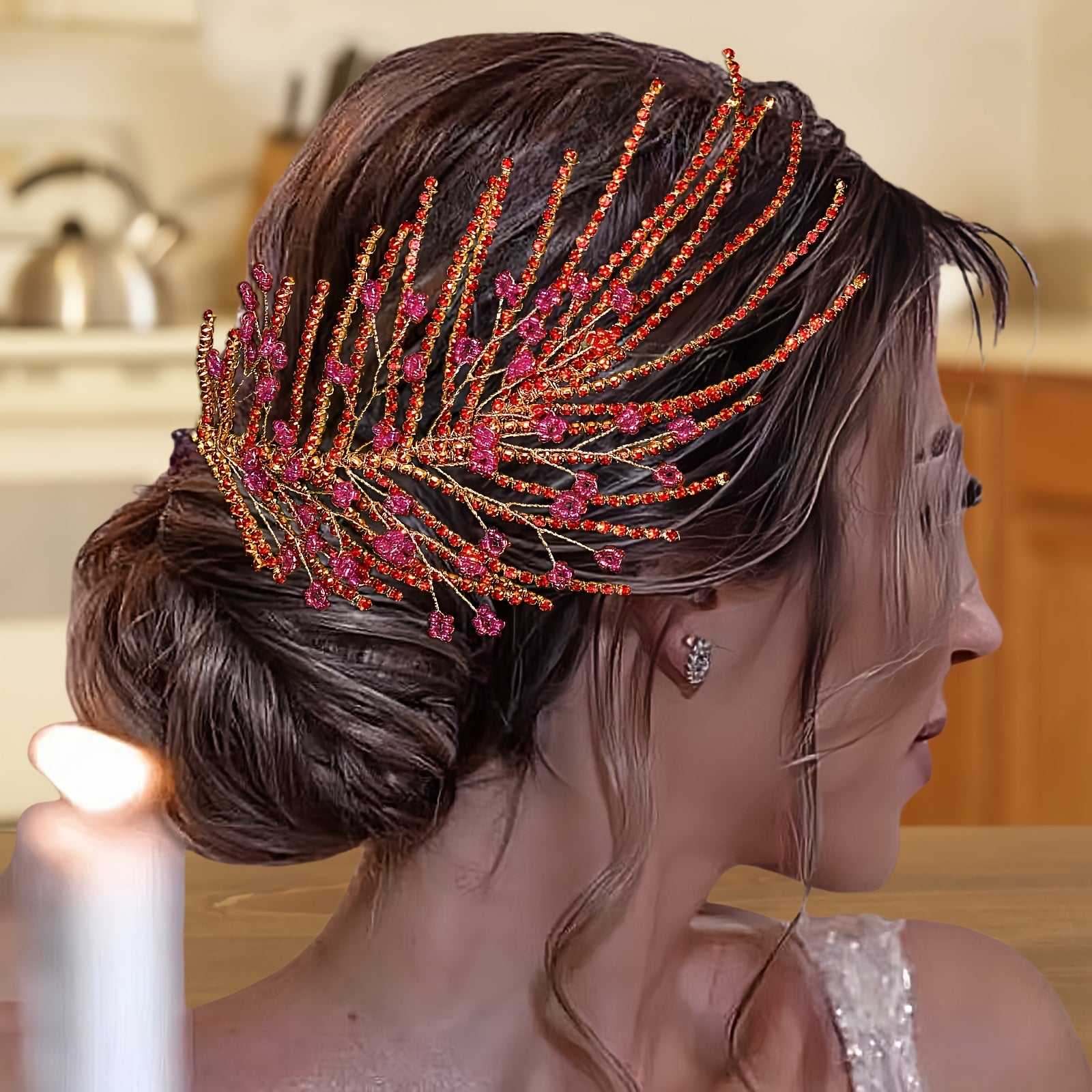 Vintage Red Feather Bridal Headpiece with Pearl Accents