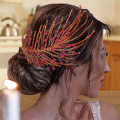 Vintage Red Feather Bridal Headpiece with Pearl Accents