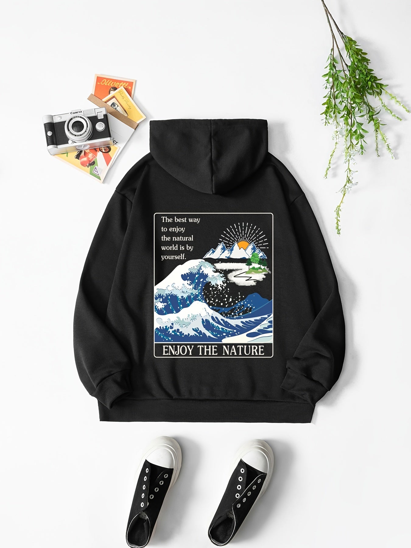 Natural Scenes Letter Print Hooded Sweatshirt Long Sleeve Casual Top