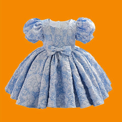 Girl's Preppy Style Puffy Sleeve Bow Dress
