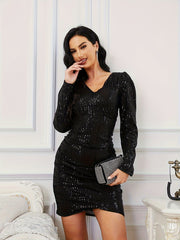 Sequined Ruched Bridesmaid Dress V neck Dress For Wedding Party