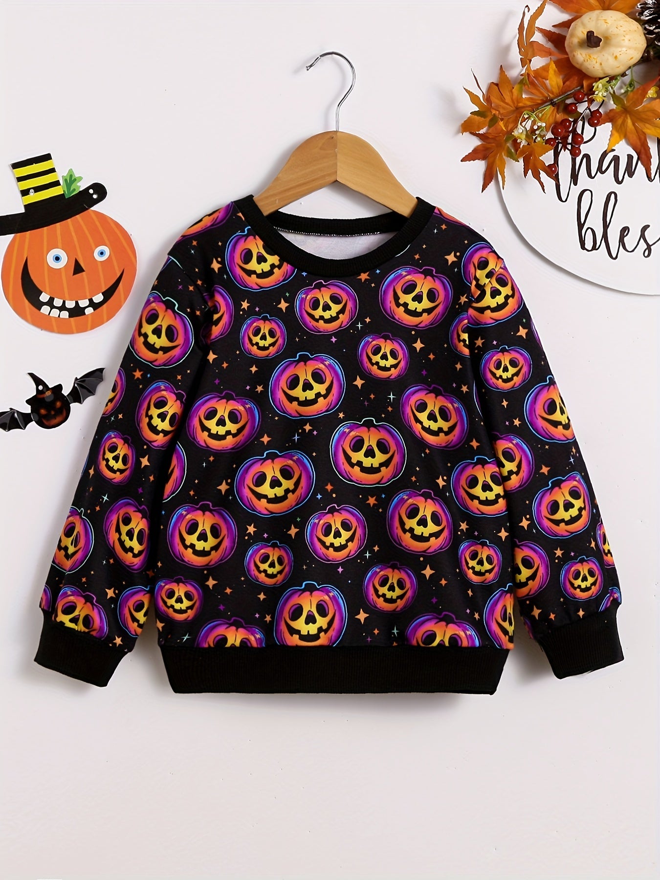Halloween Pumpkin Print Boys Pullover Sweatshirt