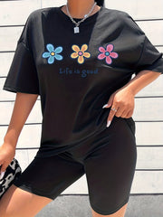 2pcs Flower Graphic Short Sleeve T shirts & Shorts Women's Activewear