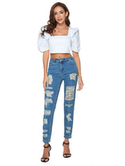 High Waisted Distressed Slim Fit Denim Pants