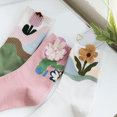 3 Pairs Floral Print Socks Breathable & Colorblock Women's Stockings