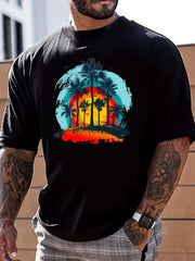 Coconut Palm & Sunset Print Men's Graphic Crew Neck T-shirt