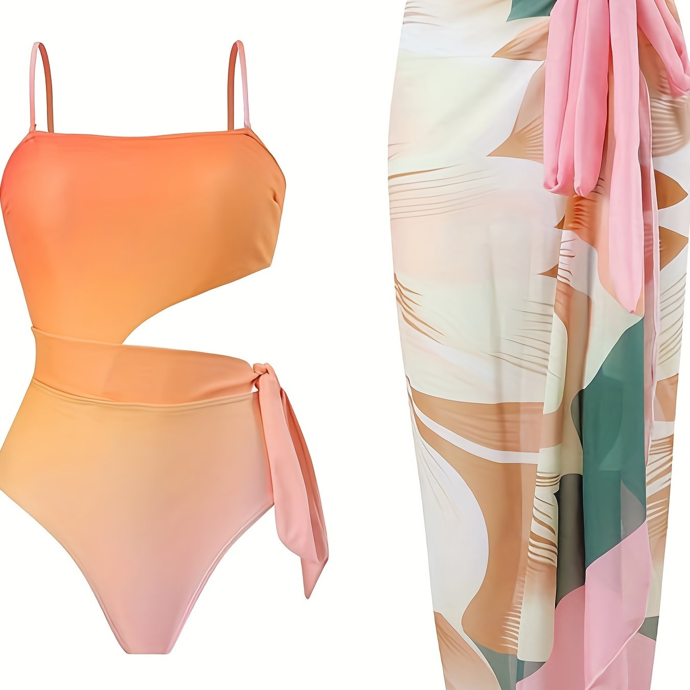 Ombre Floral Print Swimsuit Square Neck Cut Out Tie Side High Cut