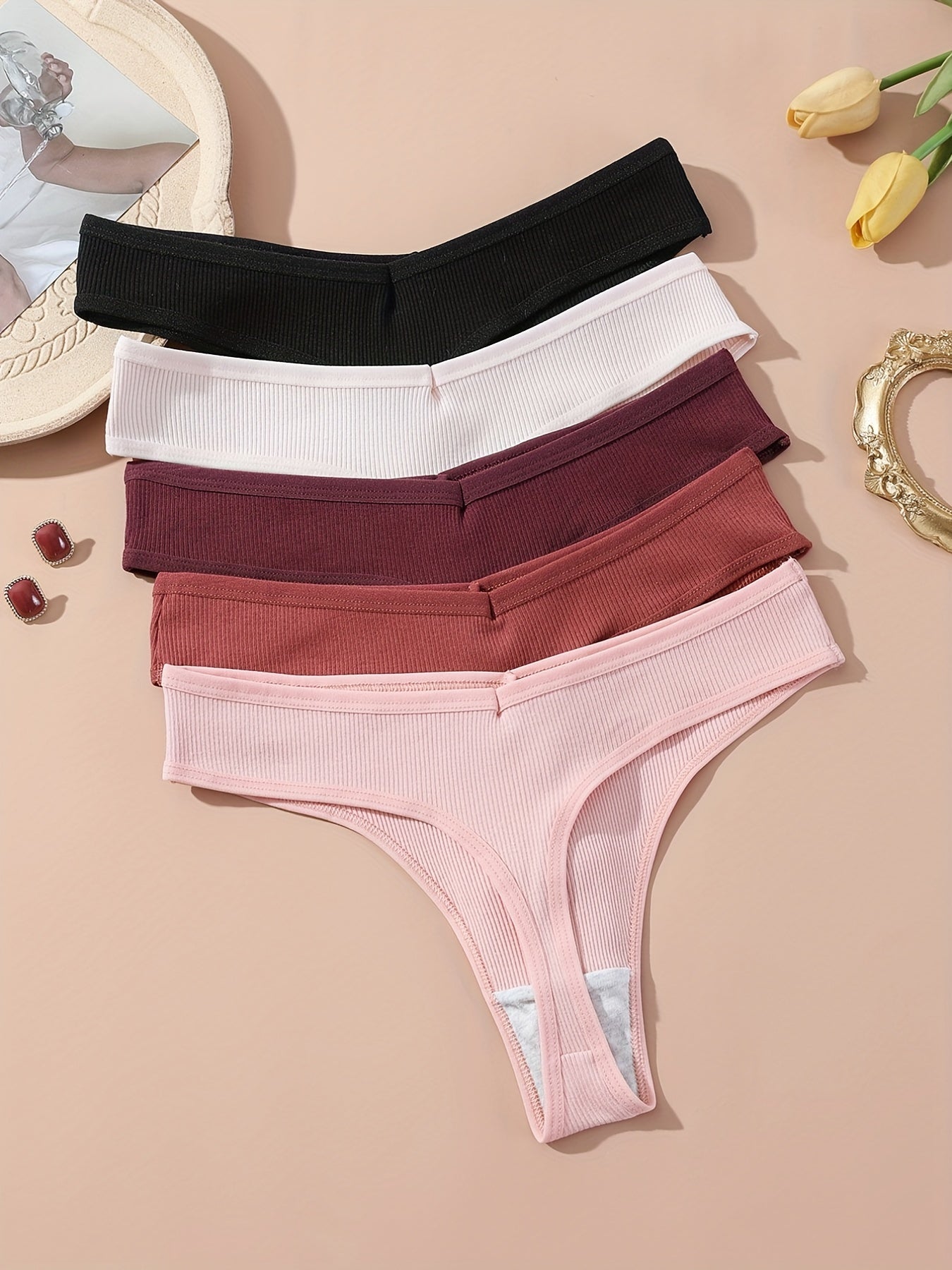 5pcs Ribbed Thongs Low Waist Intimates Panties Women's Lingerie
